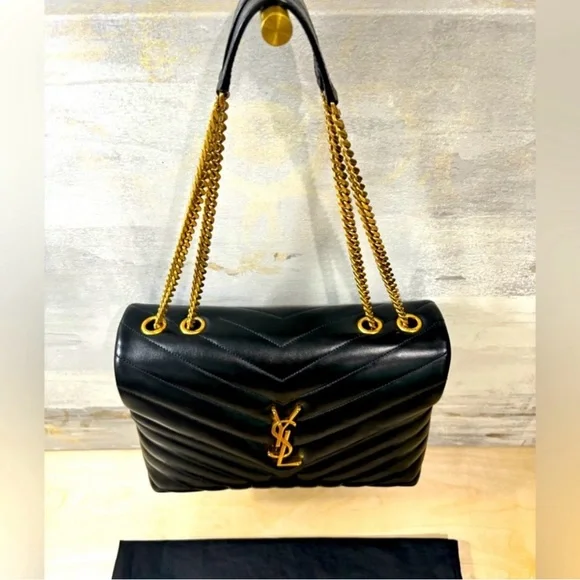 YSL Saint Lauren Loulou Medium Quilted Chevron Bag Black/Gold - Picture 3 of 17